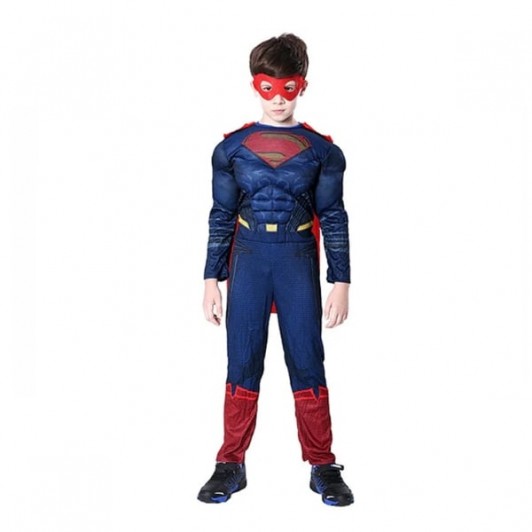 Costum Superman cu Mușchi pentru Copii, Salopetă, Pelerină și Mască, 7-9 Ani, 120-130 cm