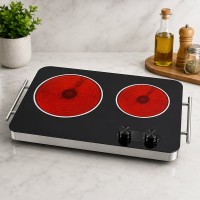 Plită Electrică Dublă, 6000W, 2 Zone de Gătit Independente, Suprafață din Sticlă Termoreziste Plită Electrică Dublă, 6000W, 2 Zone de Gătit Independente, Suprafață din Sticlă Termoreziste