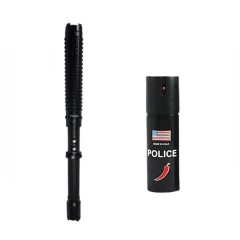 Set baston electrosoc extensibil X10 si spray paralizant cu chili, DEPOX® 49 cm/ 60 ml