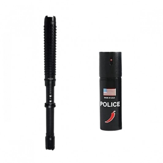Set baston electrosoc extensibil X10 si spray paralizant cu chili, DEPOX® 49 cm/ 60 ml