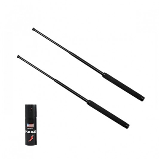 Set doua bastoane telescopice pliabilesi spray paralizant chili, DEPOX®, 51 cm/ 60 ml, maner antider