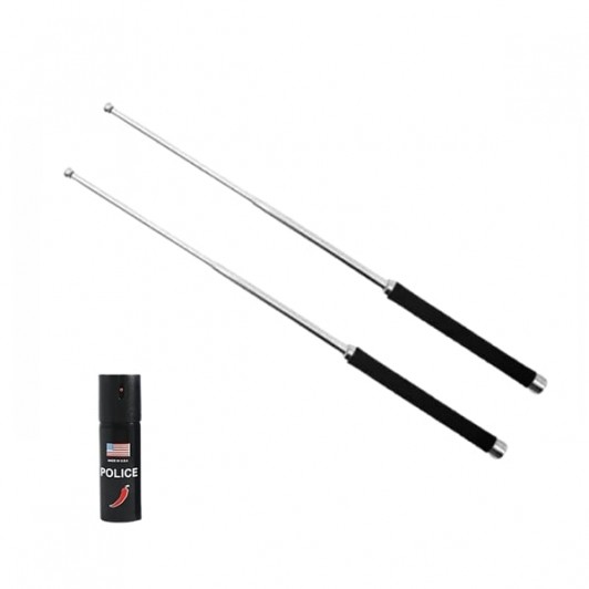 Set bastoane telescopice pliabile si spray paralizant chili, DEPOX®, 51 cm / 60 ml, maner antiderapa