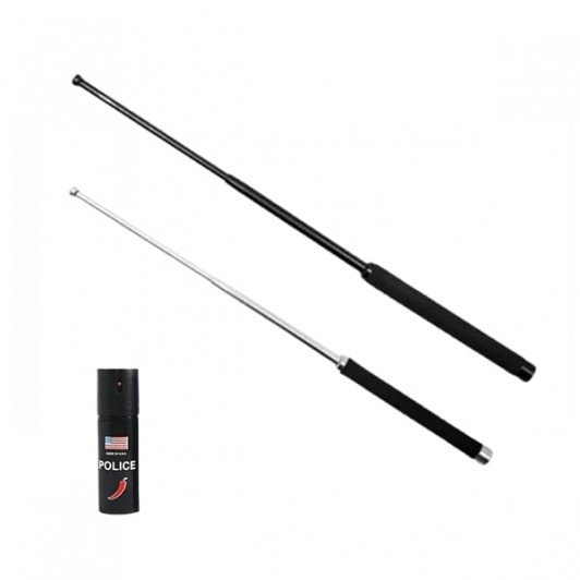 Set doua bastoane telescopice pliabile si spray paralizant chili, DEPOX®, 64 cm/ 51 cm/ 60 ml, maner
