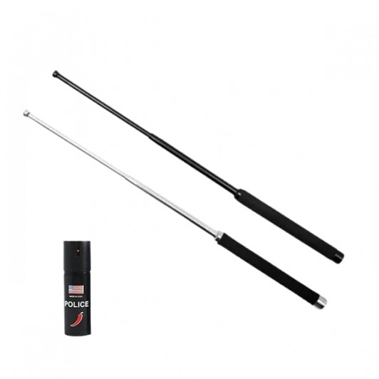 Set doua bastoane telescopice pliabile si spray paralizant chili DEPOX®, 64 cm/ 65 cm/ 60 ml , argin