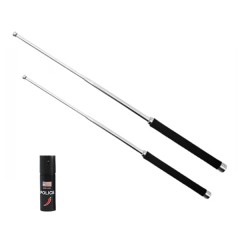 Set doua bastoane telescopic pliabile si spray paralizant chili DEPOX®, 51 cm / 65 cm/ 60 ml, argint