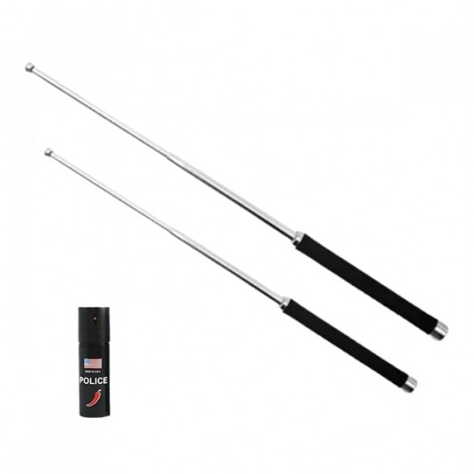 Set doua bastoane telescopic pliabile si spray paralizant chili DEPOX®, 51 cm / 65 cm/ 60 ml, argint