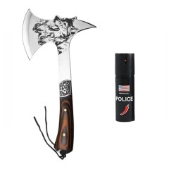 Set topor vanatoare si spray autoaparare chili DEPOX®m otel inoxidabil, 33 cm/60 ml, teaca inclusa