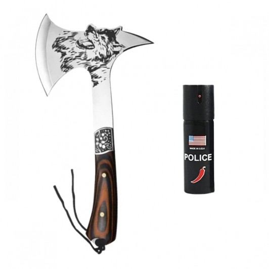 Set topor vanatoare si spray autoaparare chili DEPOX®m otel inoxidabil, 33 cm/60 ml, teaca inclusa Set topor vanatoare si spray autoaparare chili DEPOX®m otel inoxidabil, 33 cm/60 ml, teaca inclusa