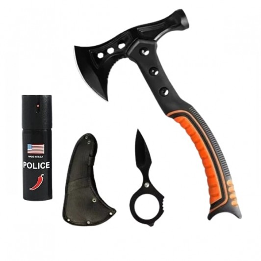 Set topor multifunctional camping cu ciocan, cutit de aruncat si spray autoaparare chili DEPOX®, ote