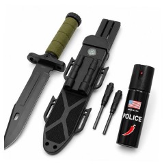 Set cutit cu amnar,ascutitor si spray autoaparare chili, DEPOX® , 32 cm/60 ml, teaca multifunctional
