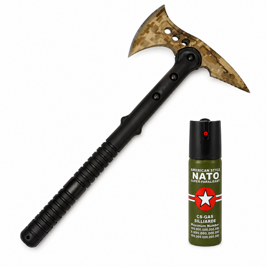 Set topor survivor si spray autoapărare cu jet, DEPOX®, 39 cm/60 ml Set topor survivor si spray autoapărare cu jet, DEPOX®, 39 cm/60 ml