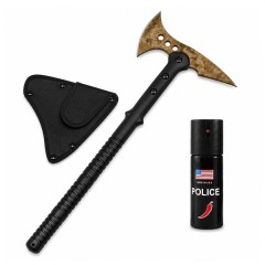 Set topor Survivor si spray paralizant chili DEPOX®, Desert Camo, 39 cm/60 ml, negru