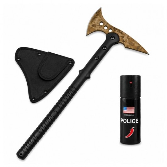 Set topor Survivor si spray paralizant chili DEPOX®, Desert Camo, 39 cm/60 ml, negru