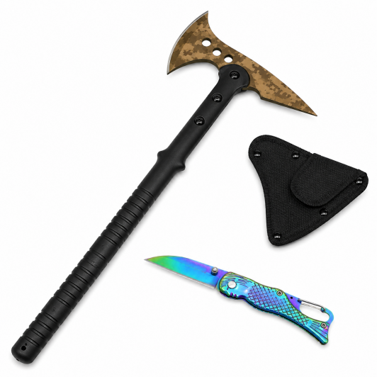 Set topor Survivor si  briceag sirena rainbow DEPOX®, Desert Camo, 39 cm/15 cm