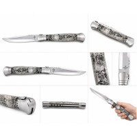 Briceag Pliabil cu Mâner din Lemn și Teacă Textilă DEPOX®, 37 cm, design gravură lup