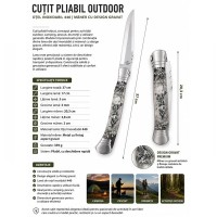 Briceag Pliabil cu Mâner din Lemn și Teacă Textilă, 37 cm, design gravură lup