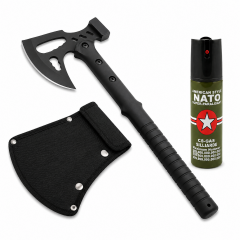 Set topor si spray paralizant propulsie jet DEPOX®, otel inoxidabil, negru, 42 cm/60 ml, teaca inclu Set topor si spray paralizant propulsie jet DEPOX®, otel inoxidabil, negru, 42 cm/60 ml, teaca inclu