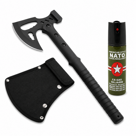 Set topor si spray paralizant propulsie jet DEPOX®, otel inoxidabil, negru, 42 cm/60 ml, teaca inclu