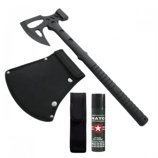 Set topor si spray paralizant autoaparare DEPOX®, otel inoxidabil, negru, 42 cm/120 ml, teaca inclus