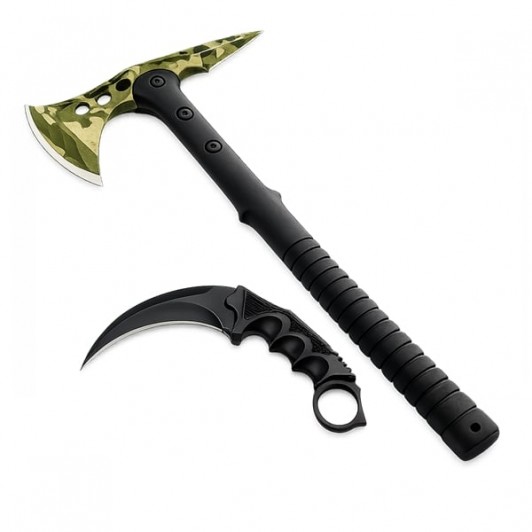 Set topor si cutit karambit DEPOX®, otel inoxidabil, verde.negru, 40 cm/18.5 cm, teaca inclusa