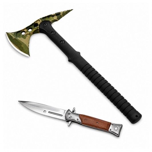 Set topor si briceag de vanatoare DEPOX®, otel inoxidabil, verde, 40 cm/27 cm, teaca inclusa