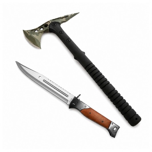 Set topor si briceag de vanatoare DEPOX®, otel inoxidabil, verde, 40 cm/34 cm, teaca inclusa