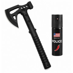 Set topor si spray autoaparare chili DEPOX®, otel inoxidabil, negru, 42 cm/60 ml, teaca inclusa
