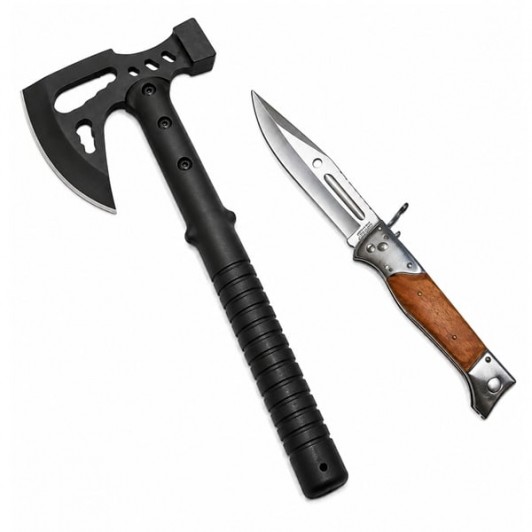 Set topor si briceag de vanatoare DEPOX®, otel inoxidabil, negru, 42 cm/27 cm, teaca inclusa