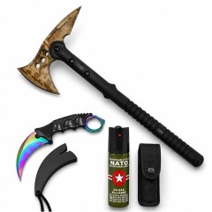 Set topor Survivor, spray paralizant si cutit karambit DEPOX®, Desert Camo, 39 cm/60 ml/25 cm, husa Set topor Survivor, spray paralizant si cutit karambit DEPOX®, Desert Camo, 39 cm/60 ml/25 cm, husa