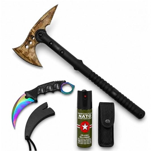 Set topor Survivor, spray paralizant si cutit karambit DEPOX®, 39 cm/110 ml/25 cm, husa inclusa Set topor Survivor, spray paralizant si cutit karambit DEPOX®, 39 cm/110 ml/25 cm, husa inclusa