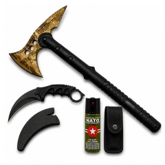 Set topor Survivor, spray paralizant si cutit karambit DEPOX®, 39 cm/60 ml/18.5 cm, husa inclusa Set topor Survivor, spray paralizant si cutit karambit DEPOX®, 39 cm/60 ml/18.5 cm, husa inclusa