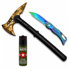Set topor Survivor, cutit de buzunar sirena si spray paralizant DEPOX®,39 cm/15 cm/110 ml, husa incl Set topor Survivor, cutit de buzunar sirena si spray paralizant DEPOX®,39 cm/15 cm/110 ml, husa incl