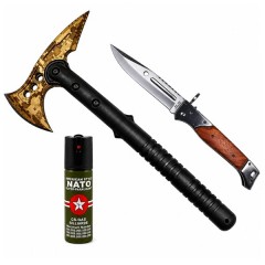 Set topor SurvivormBriceag Automat din Oțel 440C si Spray Autoapărare NATO 39 cm/60 ml/27 cm, husa i