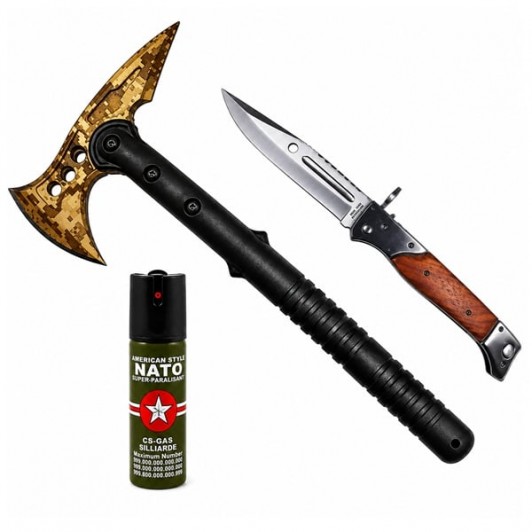 Set topor SurvivormBriceag Automat din Oțel 440C si Spray Autoapărare NATO 39 cm/60 ml/27 cm, husa i