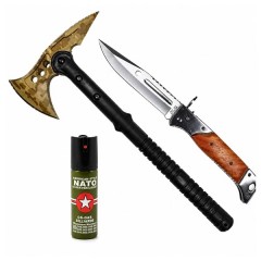 Set topor SurvivormBriceag Automat din Oțel 440C si Spray Autoapărare NATO 39 cm/110 ml/27 cm, husa