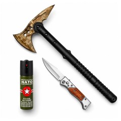 Set topor SurvivormBriceag Automat din Oțel 440C si Spray Autoapărare NATO 39 cm/60 ml/16 cm, husa i