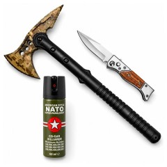Set topor SurvivormBriceag Automat din Oțel 440C si Spray Autoapărare NATO 39 cm/110 ml/16 cm, husa