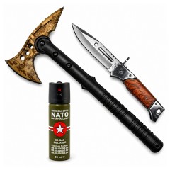 Set topor SurvivormBriceag Automat din Oțel 440C si Spray Autoapărare NATO 39 cm/60 ml/37 cm, husa i