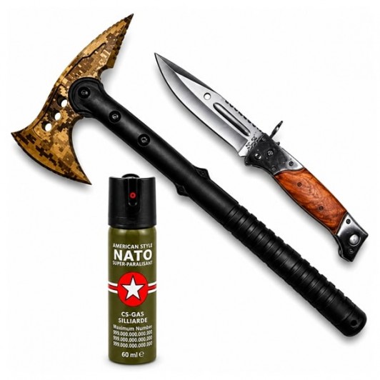 Set topor SurvivormBriceag Automat din Oțel 440C si Spray Autoapărare NATO 39 cm/110 ml/37 cm, husa Set topor SurvivormBriceag Automat din Oțel 440C si Spray Autoapărare NATO 39 cm/110 ml/37 cm, husa