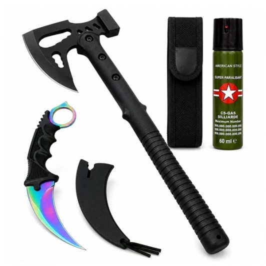 Set topor multifuncțional, cuțit Karambit și spray autoaparare DEPOX®, 42 cm/110 ml/19 cm, husa incl Set topor multifuncțional, cuțit Karambit și spray autoaparare DEPOX®, 42 cm/110 ml/19 cm, husa incl