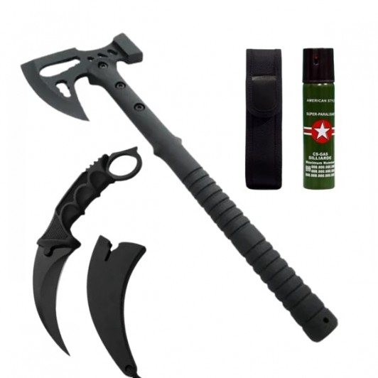 Set topor multifuncțional, cuțit karambit Night și spray autoapărare DEPOX®, otel inoxidabil, negru