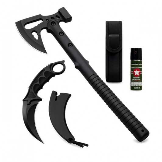 Set topor multifuncțional, cuțit karambit Night și spray autoapărare DEPOX®, otel inoxidabil, negru