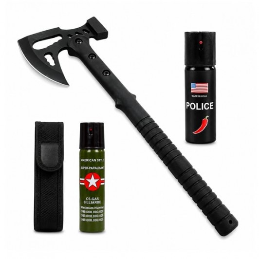 Set topor multifunctional, spray paralizant autoaparar si spray chili DEPOX®, otel inoxidabil, negru Set topor multifunctional, spray paralizant autoaparar si spray chili DEPOX®, otel inoxidabil, negru