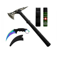 Set topor tactical, cutit karambit si spray autoaparare DEPOX®, otel inoxidabil, 40 cm/19 cm/60 ml,