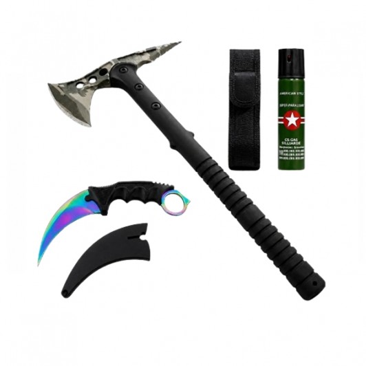Set topor tactical, cutit karambit si spray autoaparare DEPOX®, otel inoxidabil, 40 cm/19 cm/60 ml