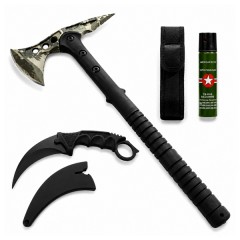 Set topor, cutit karambit si spray autoaparare DEPOX®, otel inoxidabil, verde/negru, 40 cm/19 cm/60
