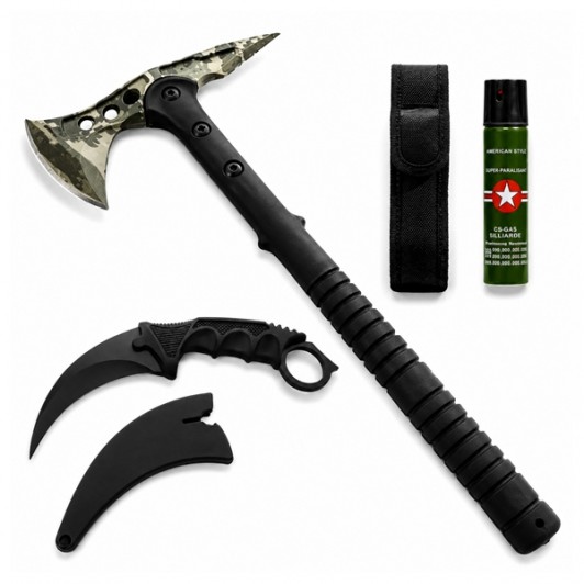 Set topor, cutit karambit si spray autoaparare DEPOX®, otel inoxidabil, verde/negru, 40 cm/19 cm/60