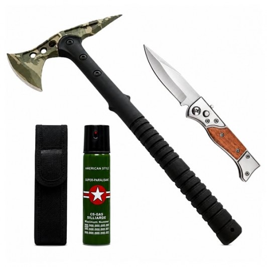 Set secure supravietuire, cutit automat si spray autoaparare DEPOX®, otel inoxidabil, verde, 40 cm/1