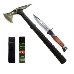 Set secure supravietuire, briceag vanatoare si spray autoaparare DEPOX®, otel inoxidabil, verde, 40