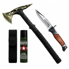 Set secure supravietuire, briceag vanatoare si spray autoaparare DEPOX®, otel inoxidabil, verde, 40